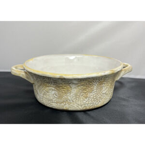 Terra Cotta Studio Stamped Pattern Pottery Baking Dish Unmarked Yellow Ivory